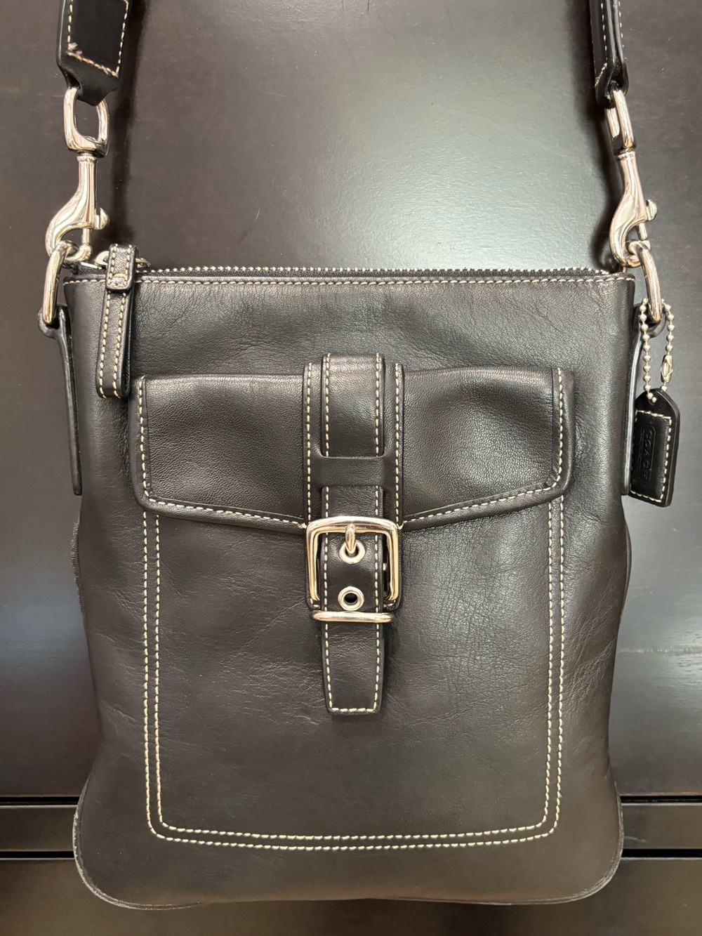 Coach Soho Black Leather Crossbody Bag with Contrast White Stitching Y2K Classic